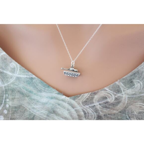 Sterling Silver Military Tank Pendant Necklace, Military Tank Necklace - Picture 1 of 4